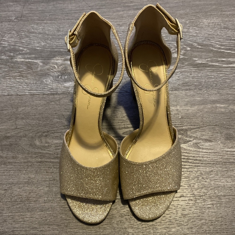 JESSICA SIMPSON "SHERRON" ANKLE STRAP BLOCK HEEL SANDAL GOLD GLITTER FINISH 10M - Picture 2 of 16
